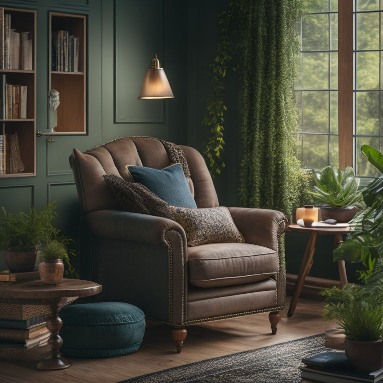A serene, cozy reading nook with a comfortable armchair, a floor lamp, and a side table stacked with diverse books in various colors and sizes, surrounded by lush greenery and warm lighting.