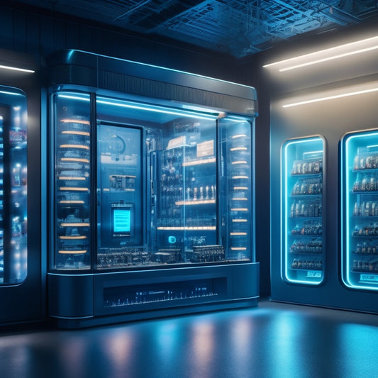 A futuristic ecommerce storefront with screens displaying online courses, surrounded by gears, cogs, and circuits, blending technology and education, with a subtle glow and a sense of dynamic movement.