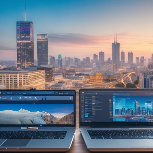 A modern laptop screen displaying a split-screen comparison of popular e-learning platforms, with colorful graphs, charts, and icons, set against a blurred cityscape background with subtle gradient effects.
