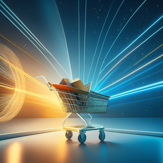 A futuristic, minimalist illustration of a rising arrow piercing through a stylized, glowing shopping cart, surrounded by orbiting circles and sleek, modern lines, evoking innovation and growth.
