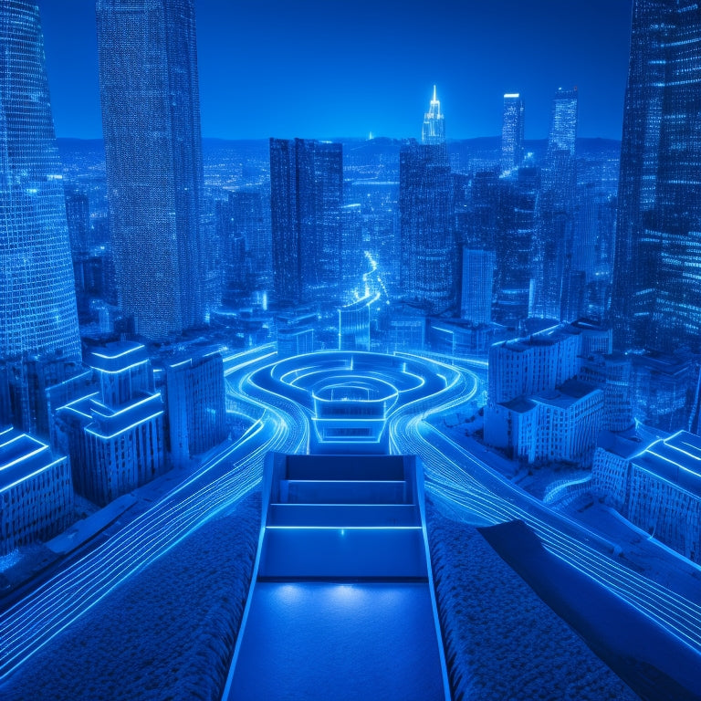 A maze with a clear path illuminated in bright blue, contrasting with a dark and winding path, set against a cityscape with sleek skyscrapers and digital screens in the background.
