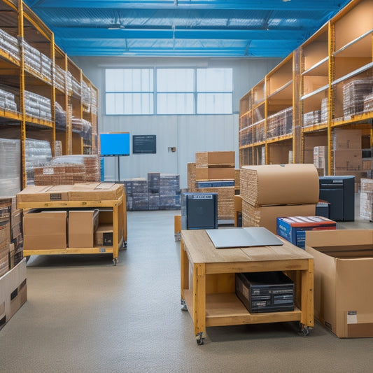 A clutter-free warehouse with rolls of printed labels on shelves, a printer and a laptop on a nearby table, and a shipping box with a perfectly applied label in the foreground.