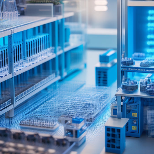 An illustration of a futuristic 3D printing factory with rows of humming machines, surrounded by shelves stacked with orthodontic models and transparent aligners, amidst a backdrop of circuit boards and coding screens.