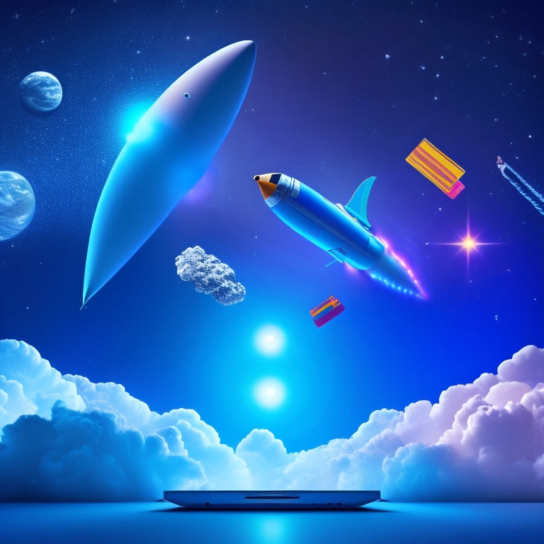 A stylized, modern illustration of a rocket ship blasting off from a laptop, surrounded by swirling clouds of shopping bags, credit cards, and mobile devices, set against a bright blue background with subtle starry night sky hints.