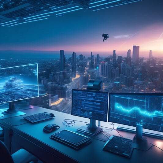 A futuristic virtual classroom with holographic screens, robotic arms, and virtual reality headsets, surrounded by orbiting coding symbols, wires, and microchips, set against a neon-lit cityscape at dusk.