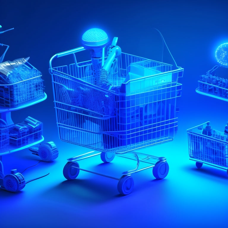 A futuristic, minimalist illustration featuring a stylized shopping cart with glowing blue circuits, surrounded by orbiting 3D models of products, robots, and augmented reality interfaces.