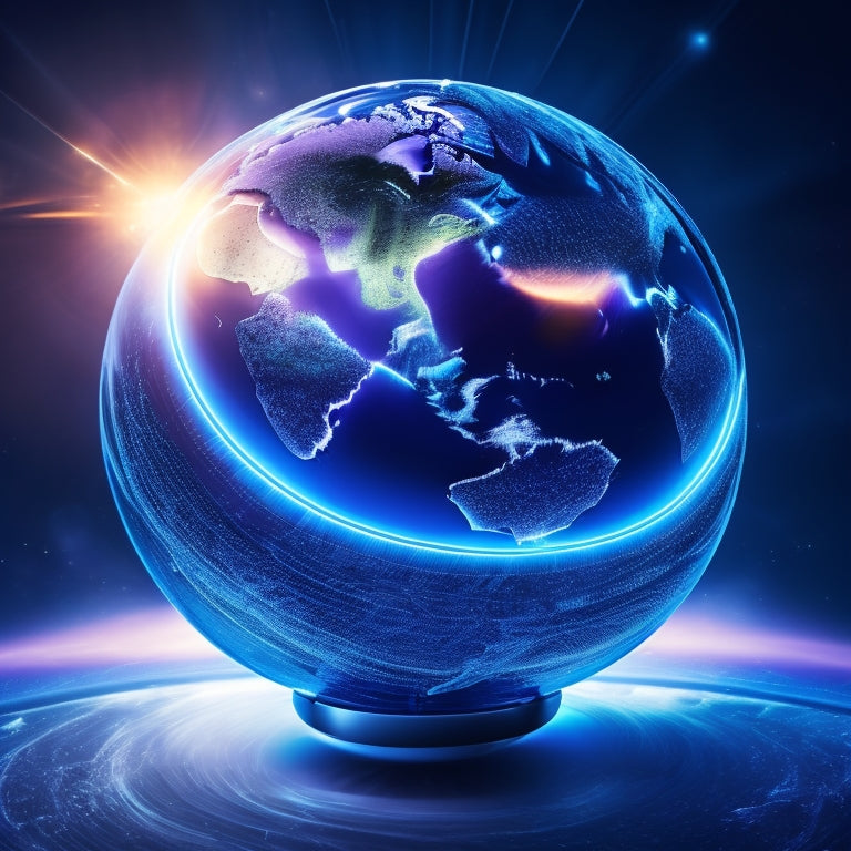 A futuristic globe with glowing blue lines and swirling vortex patterns, surrounded by orbiting smartphones, laptops, and tablets, emitting bright, pulsing offer coupons and vouchers.