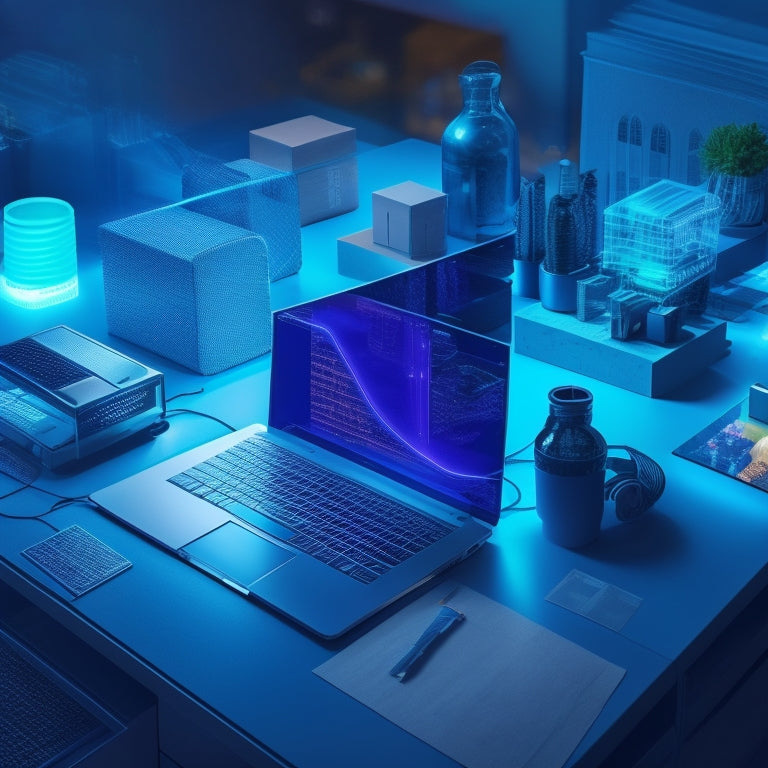 A stylized illustration of a merchant's desk with a laptop, surrounded by various digital devices and a few packages, with glowing blue lines and shapes connecting them, symbolizing seamless product delivery.