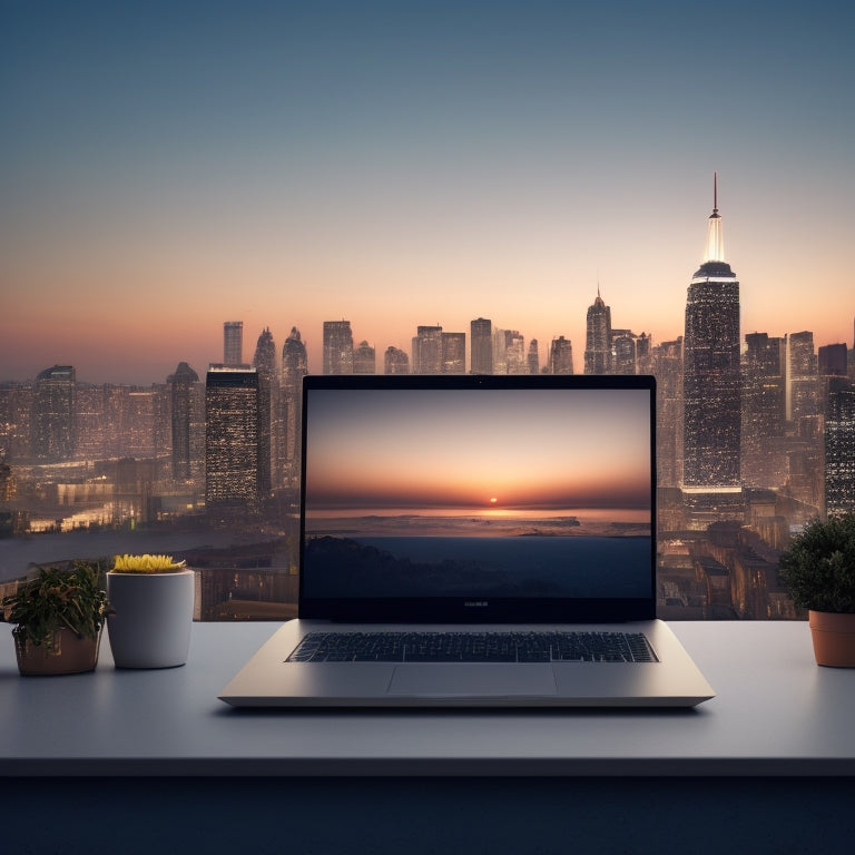 A minimalist illustration featuring a sleek, modern laptop with a subtle glow, surrounded by organized digital files and folders, with a faint background of a cityscape or a calm nature scene.