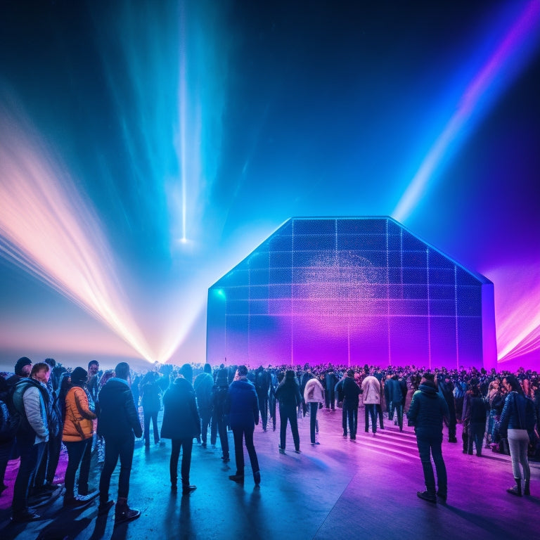 A futuristic event venue with sleek, minimalist architecture, illuminated by a vibrant LED light grid, featuring a giant, holographic ticket display floating above the crowd.