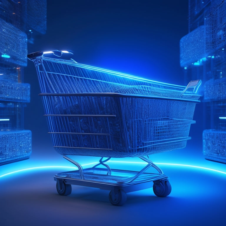 A futuristic shopping cart with gears and circuits visible underneath, surrounded by swirling lines and shapes, with a subtle glow emanating from the center, set against a dark blue background.