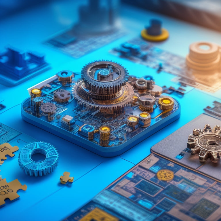 An illustration of a puzzle coming together, with interlocking pieces labeled with icons of various product development stages (design, testing, deployment), surrounded by gears, circuits, and coding symbols.