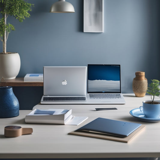 A modern, minimalist desk with a laptop open to QuickBooks, a credit card terminal, and a few organized stacks of papers and invoices, surrounded by a subtle background of calming blue tones.