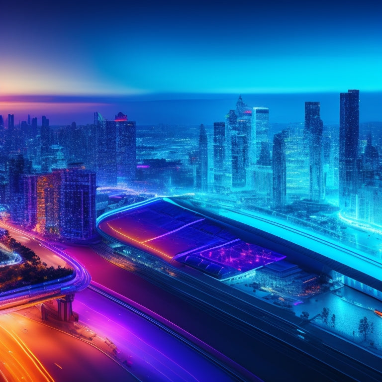 A futuristic ecommerce dashboard with glowing blue circuits, surrounded by orbiting shopping carts, laptops, and smartphones, set against a cityscape at sunset with sleek skyscrapers and neon lights.