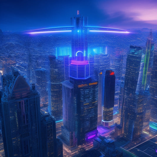 A futuristic cityscape with sleek skyscrapers, neon lights, and flying drones, surrounded by coding symbols and circuits, with a giant Django logo at the center, radiating a bright light.