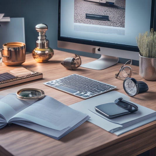 A sleek, modern desk with a silver laptop, surrounded by scattered premium content files, a magnifying glass, and a small lock, symbolizing exclusivity and high-quality PLR resources.