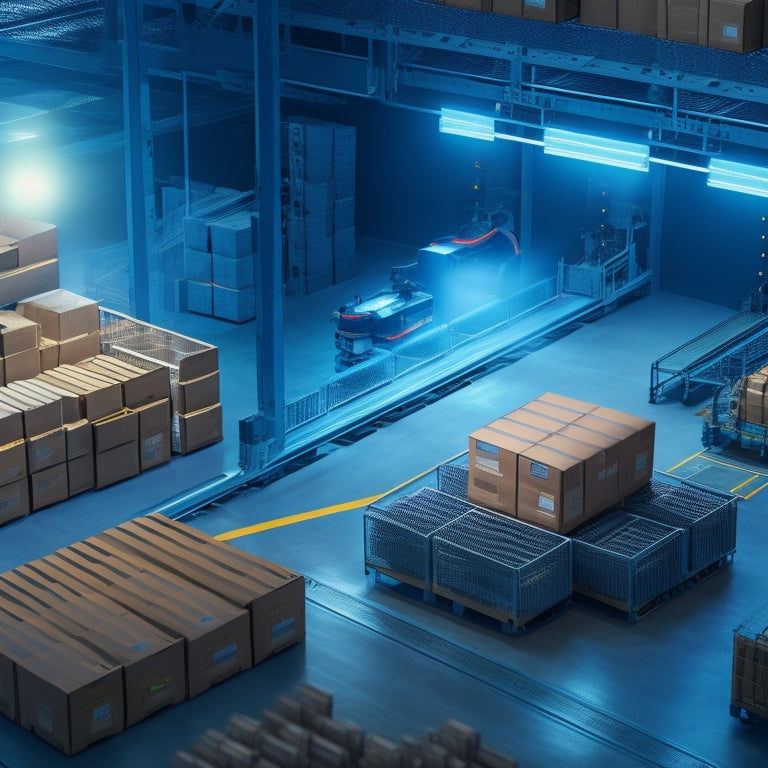 An illustration of a busy e-commerce warehouse with robotic arms efficiently packing boxes, automated conveyor belts moving products, and a central command center with glowing screens and minimal human intervention.
