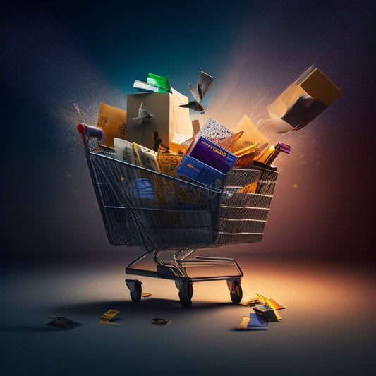An illustration of a shopping cart overflowing with packages, with a dark shadow of a hand reaching in to snatch them, surrounded by broken credit cards and shattered screens.