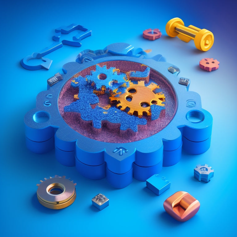 An illustration of a puzzle coming together, with interlocking pieces forming a sturdy foundation, surrounded by orbiting gears, cogs, and sparks, set against a bright blue background with subtle gradient effects.