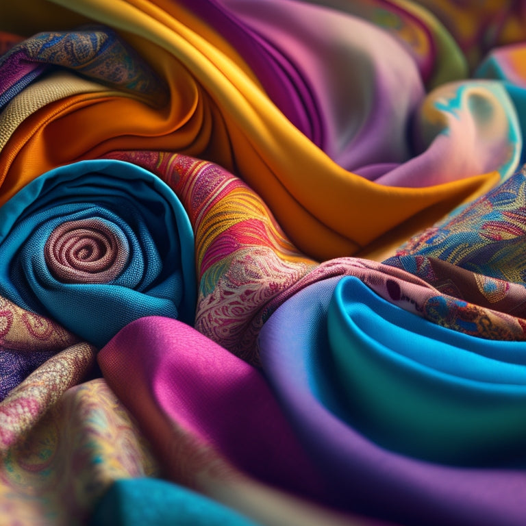 An intricate, swirling vortex of colorful fabric patterns, with subtle gradient effects, surrounded by scattered product images with highlighted attributes in soft focus.