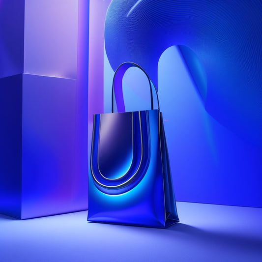 A futuristic, minimalist illustration of a smartphone screen displaying a stylized shopping bag, surrounded by swirling lines and shapes in shades of blue and purple, evoking freedom and limitless possibilities.