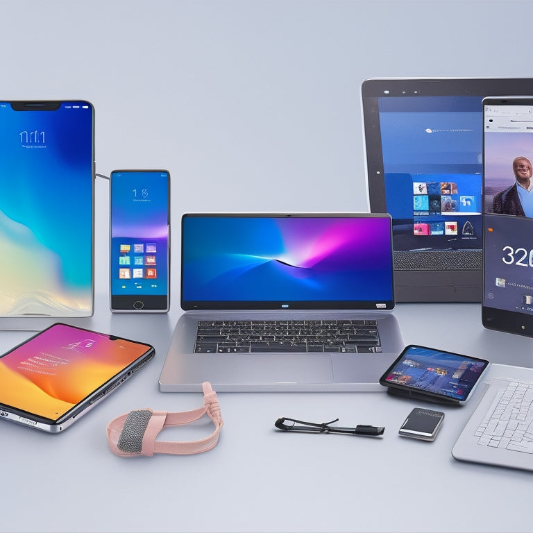 An illustration featuring a large, sleek, silver smartphone at the center, surrounded by a laptop, tablet, and smartwatch, all displaying different screens with vibrant, colorful content.