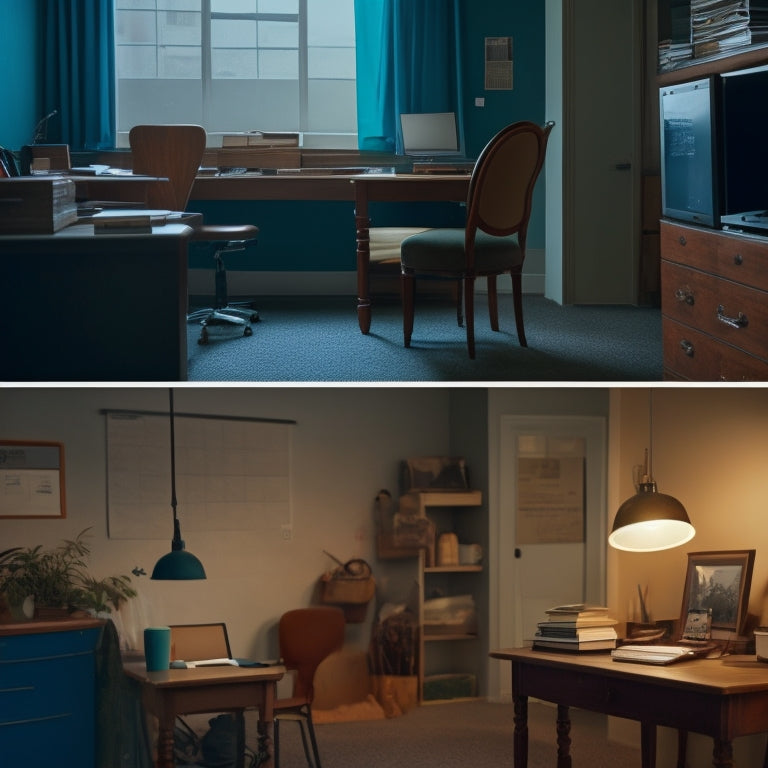 A split-screen image featuring a cluttered, dimly lit traditional classroom on one side, and a bright, modern, minimalist home office with a laptop and a comfortable chair on the other.