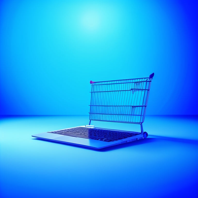 A minimalist illustration of a laptop with a shopping cart icon on the screen, surrounded by swirling arrows and gears, set against a bright blue background with subtle ecommerce-themed patterns.