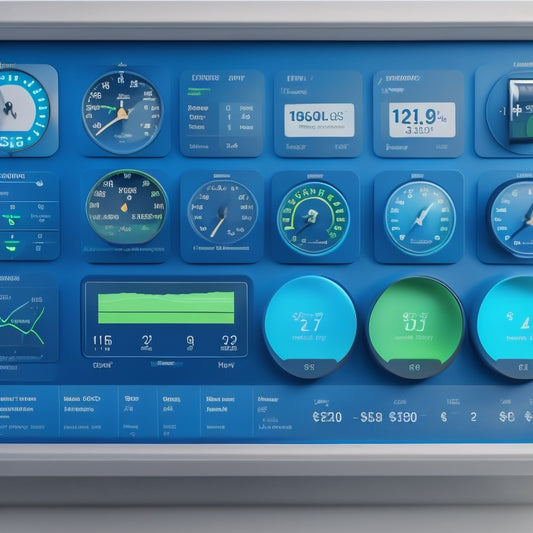 A dashboard with various gauges, dials, and charts in shades of blue and green, surrounded by subtle ecommerce elements like shopping carts and price tags, set against a clean white background.