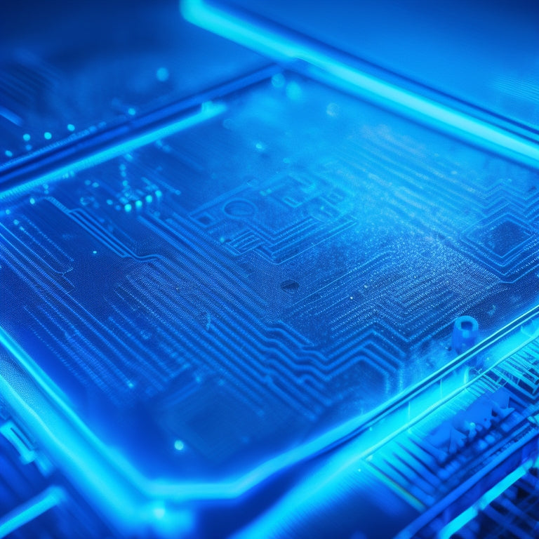 A futuristic, dark-blue circuit board with glowing blue lines and tiny, shimmering silver nodes, surrounded by a halo of light, with a subtle, translucent shield overlay.