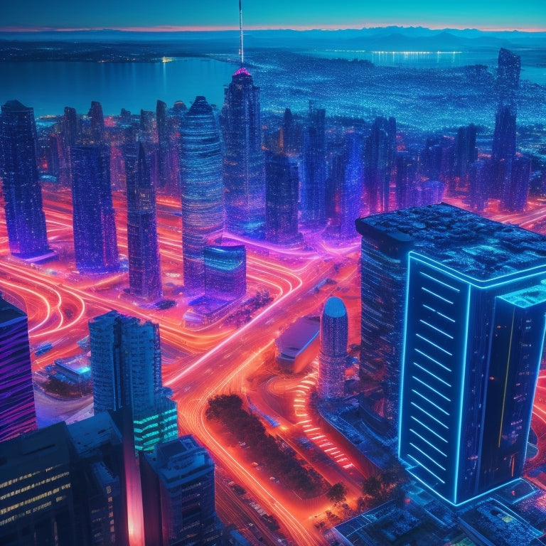 A futuristic cityscape at dusk, with sleek skyscrapers and neon lights, featuring a large, glowing circuit board at the center, surrounded by swirling lines of code and orbiting credit cards.