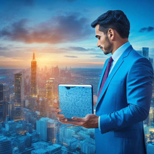 An illustration of a businessman holding a tablet, surrounded by puzzle pieces fitting together, with a subtle cityscape background and blurred customer silhouettes in the distance, conveying connection and unity.