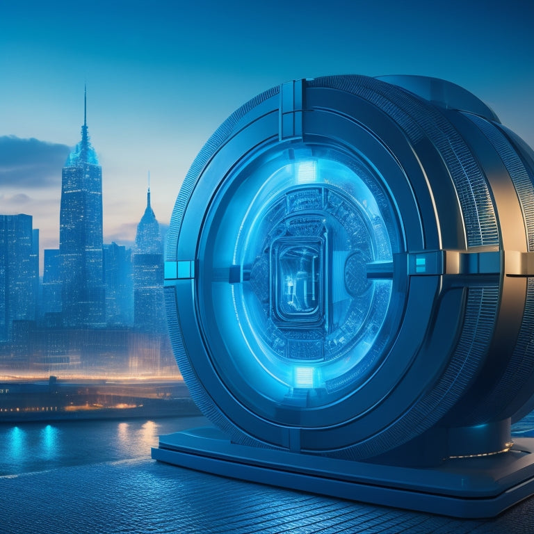 A futuristic digital vault with glowing blue circuits and a robust lock in the center, surrounded by floating 1s and 0s, with a subtle cityscape at dusk in the background.