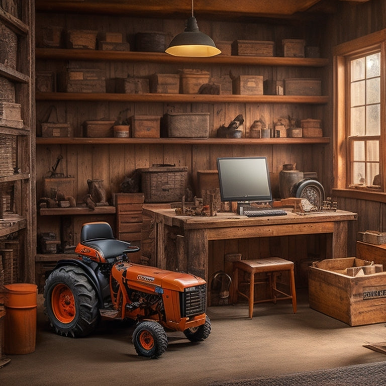 A rustic, well-organized workshop with a Kubota tractor in the center, surrounded by shelves stocked with manuals, binders, and tools, with a subtle Shopify logo on a nearby laptop screen.