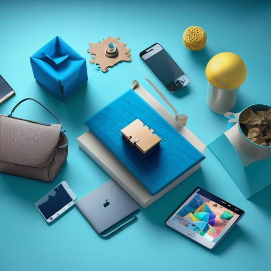 A futuristic, minimalist illustration of a laptop and smartphone surrounded by orbiting shopping bags, gears, and puzzle pieces, with a subtle Shopify logo in the background.