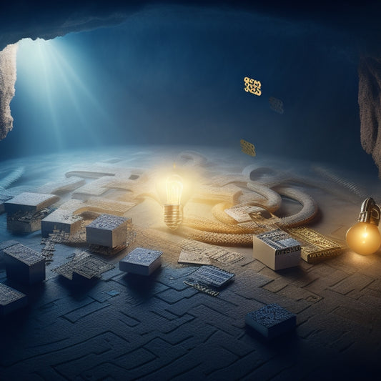 A labyrinthine maze of puzzle pieces, with credit cards, locks, and gears emerging from the shadows, illuminated by a single, bright lightbulb, surrounded by misty fog.