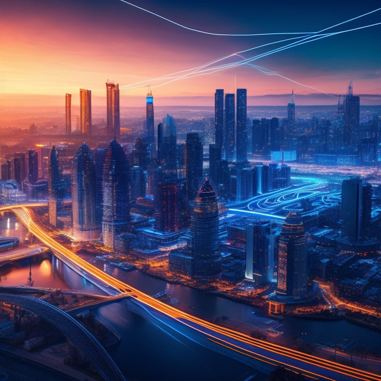 A futuristic, sleek, and modern illustration of a cityscape at sunset, with interconnected gears, circuits, and pulsing blue lines forming the buildings, symbolizing innovation and digital transformation.