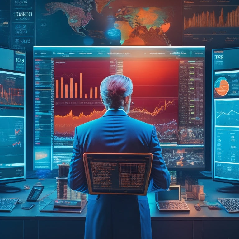 A stylized illustration of a merchant surrounded by digital devices, with multiple screens displaying charts, graphs, and calculators, amidst a backdrop of rising arrows, coins, and circling dollar signs.