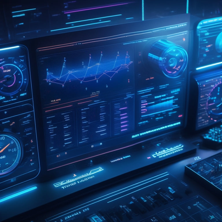 A futuristic dashboard with sleek, neon-lit gauges and charts, surrounded by scattered puzzle pieces coming together to form a complete picture, set against a dark blue background with subtle grid lines.