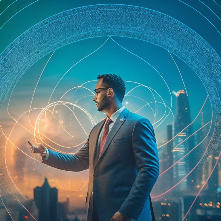 An illustration of a person standing in front of a cityscape with multiple interconnected circles and lines emanating from their hands, symbolizing seamless financial connections and networks.