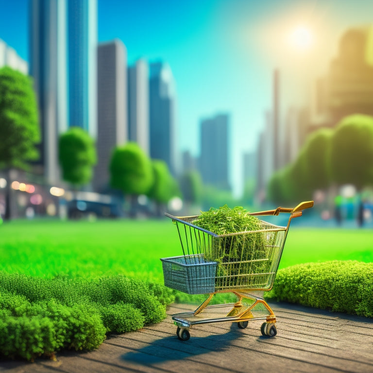 An arrow rising from a small, grey shopping cart, transforming into a large, gold cart overflowing with coins, surrounded by growing green shoots and a subtle cityscape in the background.