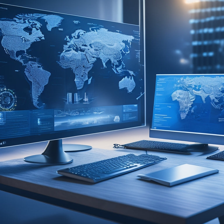 A futuristic, sleek online shopping platform with a global map in the background, surrounded by swirling digital patterns and 3D product models floating above a minimalist, modern desk.