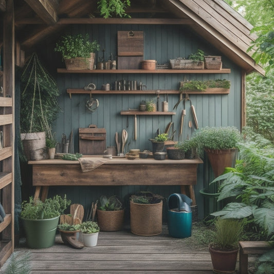 A well-organized garden shed interior with a wooden workbench, neatly arranged gardening tools, and a few tools hung on a pegboard, surrounded by lush greenery and soft, warm lighting.