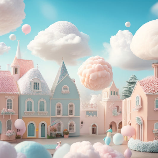 A whimsical illustration of a pastel-hued town filled with adorable mochi-shaped buildings, trees, and objects, surrounded by fluffy white clouds and tiny confetti-like particles floating in the air.