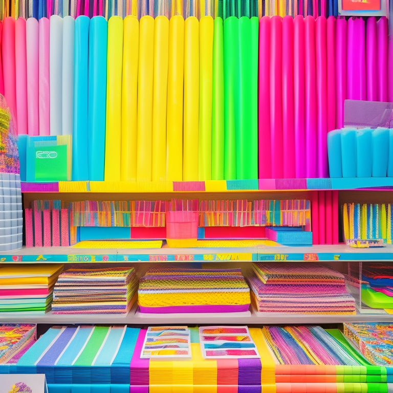 A vibrant, overhead shot of a sprawling, colorful stationery display at Yoseka Headquarters, featuring rows of pens, papers, and notebooks, surrounded by balloons and streamers.