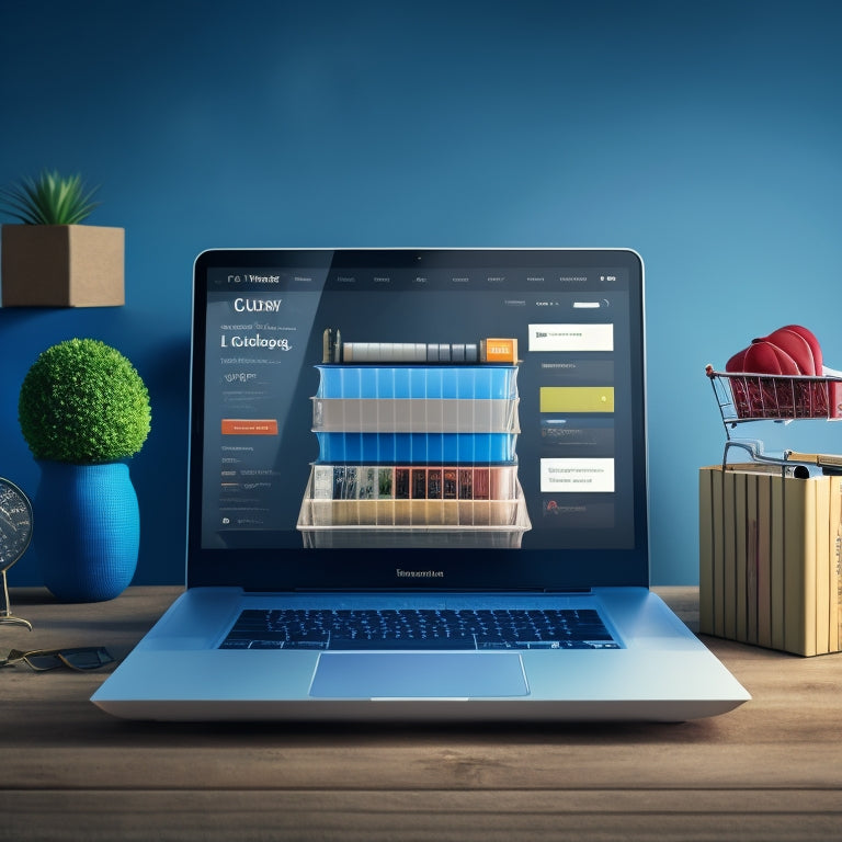 An illustration of a laptop screen displaying an ecommerce website with a shopping cart overflowing with digital products, surrounded by floating icons of online courses, ebooks, and software downloads.