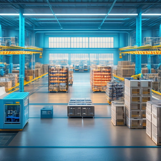An illustration of a futuristic warehouse with robots and automated machinery efficiently packaging various products, surrounded by screens displaying sustainable packaging designs and eco-friendly materials.