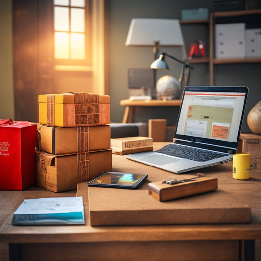 A stylized illustration of a merchant's desk with a laptop, surrounded by stacked boxes and bags, with a subtle globe in the background, and various digital devices and gears emerging from the laptop screen.