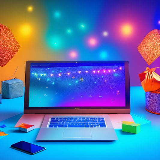 A stylized illustration of a laptop with a glowing online storefront on its screen, surrounded by rising graph lines, shopping bags, and confetti, set against a bright blue background with subtle ecommerce icons.