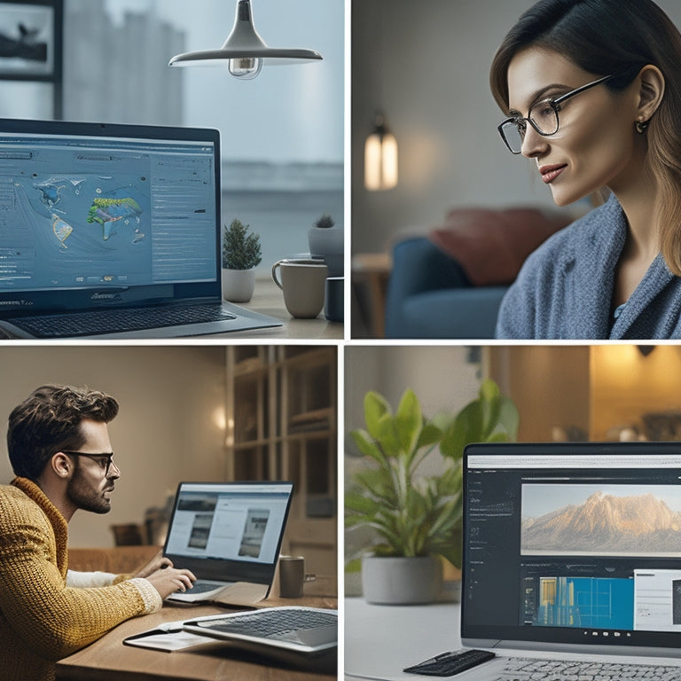 A split-screen image with a laptop on the left, displaying a dashboard with increasing sales graphs and notifications, and a person on the right, sitting in a cozy room surrounded by books and certificates, with a satisfied expression.